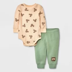Baby Boys' Disney Mickey Mouse Solid Top And Bottom Set - Green/Tan -Family Style Shop GUEST 01d4712c 48df 4adb 8bb3 7345f0922816