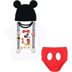 Disney Mickey Mouse 1st Birthday Cosplay Graphic T-Shirt Diaper Cover And Hat 3 Piece Outfit Set White/Red -Family Style Shop GUEST 4c7e0070 edd8 45cb a5ef 36d63dbfa86a