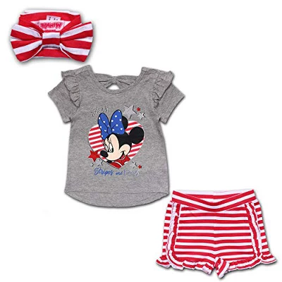 Disney Girl's 3-Pack Stars Stripes And Bows Minnie Mouse Glitter Graphic Tee, Ruffle Shorts And Fabric Headband Set For Toddler 6 Disney Girl's 3-Pack Stars Stripes And Bows Minnie Mouse Glitter Graphic Tee, Ruffle Shorts And Fabric Headband Set For Toddler - Image 4