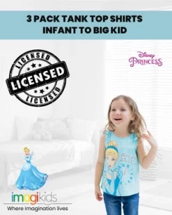 Disney Princess Cinderella Belle Moana Girls 3 Pack Tank Top Shirts Toddler To Big Kid